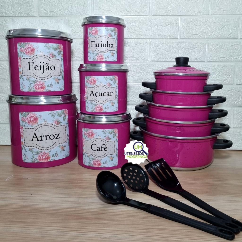 Jogo de Panelas 5 Peças Rosa Pink + Kit Mantimentos Alumínio Flor 3 com 5 Peças + Espátulas