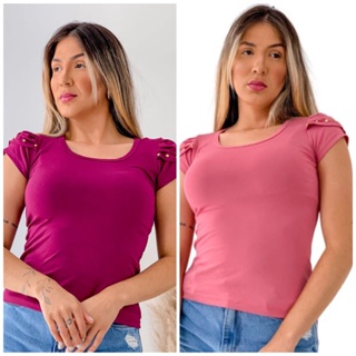 Kit 2 blusas femininas básica t-shirt detalhe na manga em Oferta na Shopee