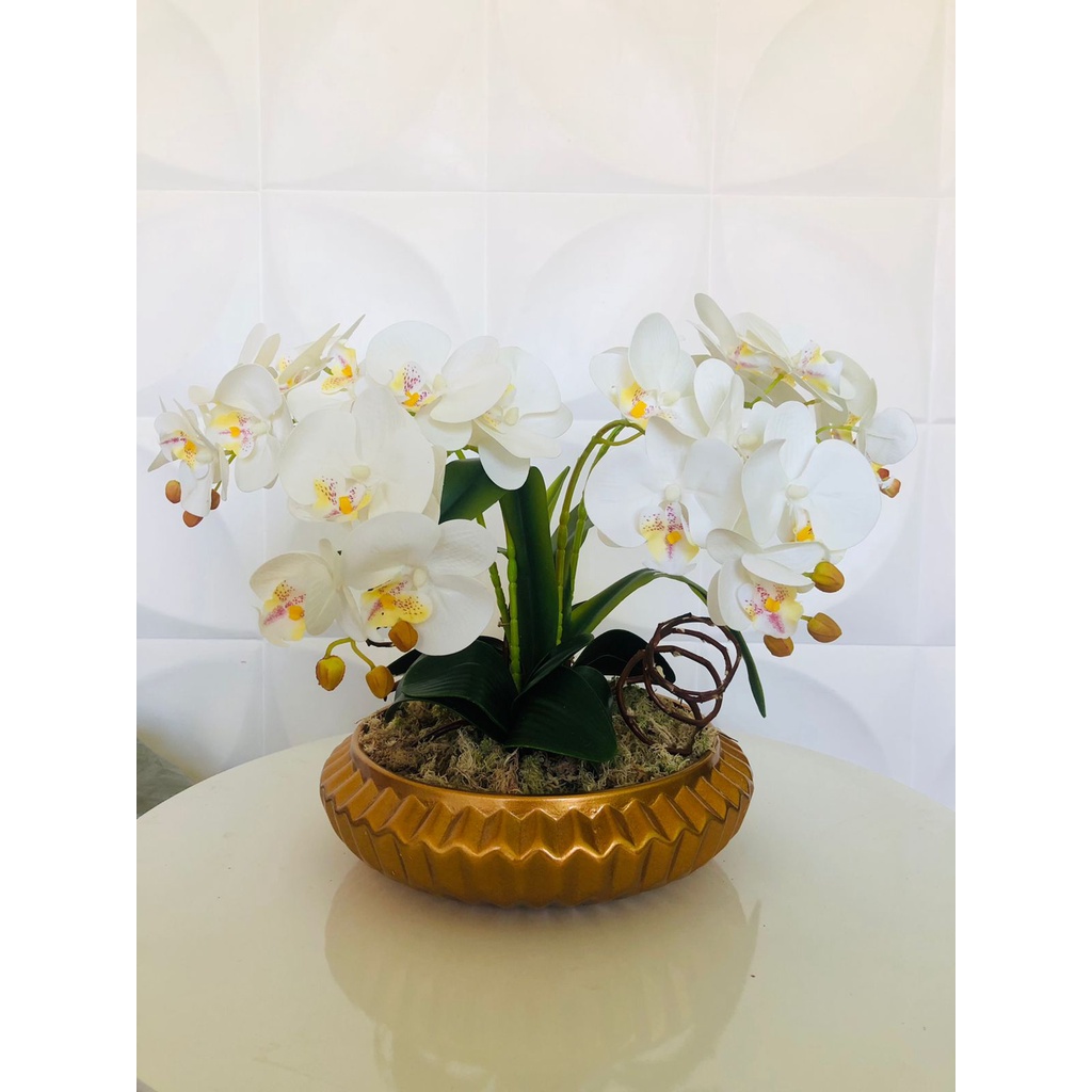 Arranjo Centro De Mesa Orquídea Silicone Vaso Dourado Cerami | Shopee Brasil