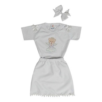 Conjunto Infantil Batizado Bebê Menina Saia + Camiseta+ Laço
