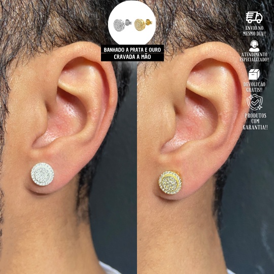 Brincos Redondo Cravejado Em Zircônia Com 40 pedras Masculino Kit Banhado