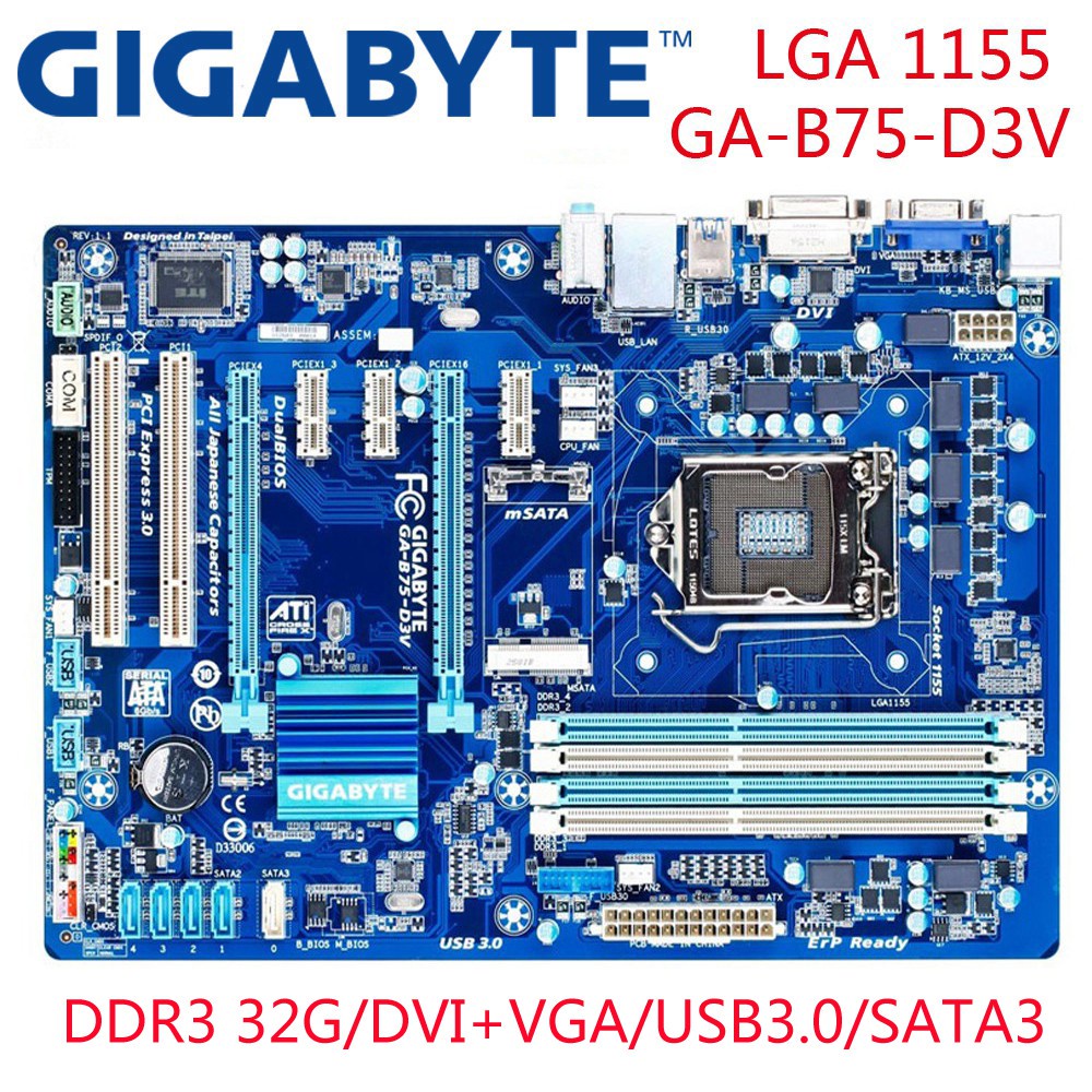 Used Gigabyte GA-B75-D3V Original LGA 1155 desktop Motherboard ATX SATA3 USB3 DDR3 32G Similar Ao H67 H77 Z77