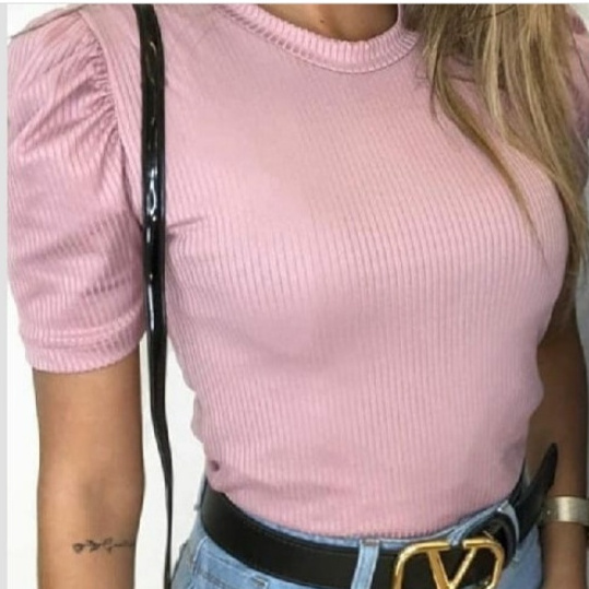 Blusa feminina manga princesa bufante curta gola rasa moda blogueira linda