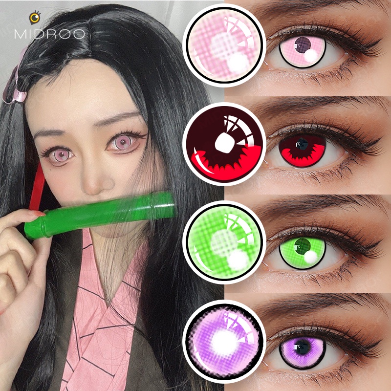 Midroo 2 Pçs/Par 14,0mm 14,2mm 14.5mm Lente De Contato Anime Demon Slayer Cosplay Anual Para Lentes Colorida Olhos Maquiagem Acessórios (Nezuko/Tanjirou/Zenitsu/Inosuke/Kanao/Tengen/Kyouru/Mitsu)