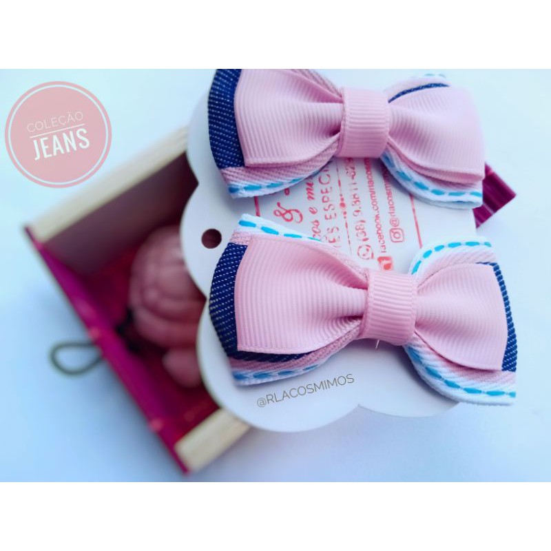 Kit 2 laços gravatinha par jeans com rosa menina lindo bico de pato