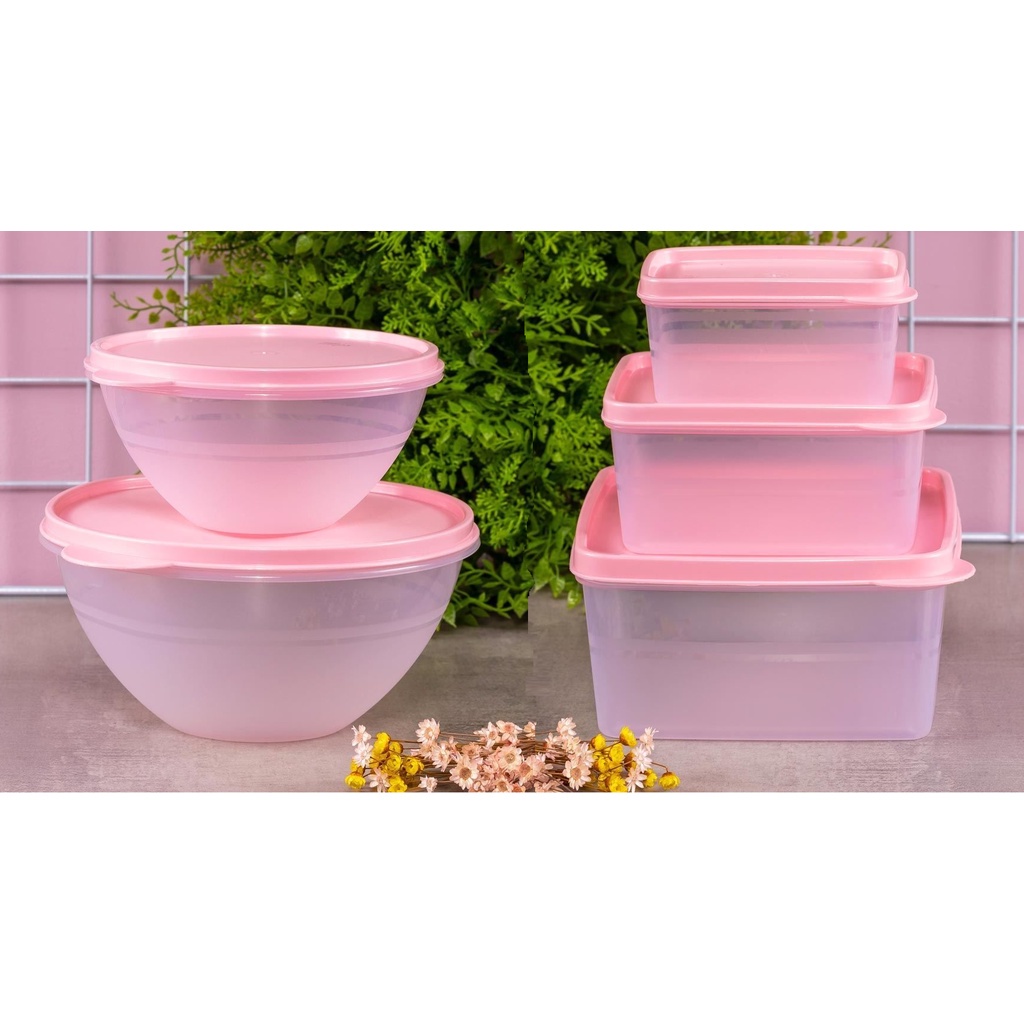 Kit 5 Unidades Jogo Potes Herméticos 250,500ml e 1L Cristal Rosa Tigelas Bowl Tapuer Vasilha BpaFree