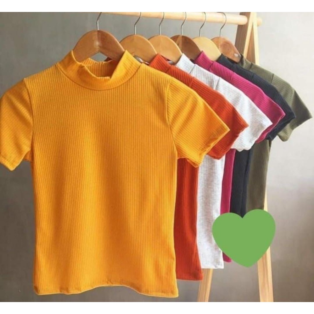 Blusa Feminina Gola Alta Malha Canelada Estilosa Elegante Casual Manga Curta Social