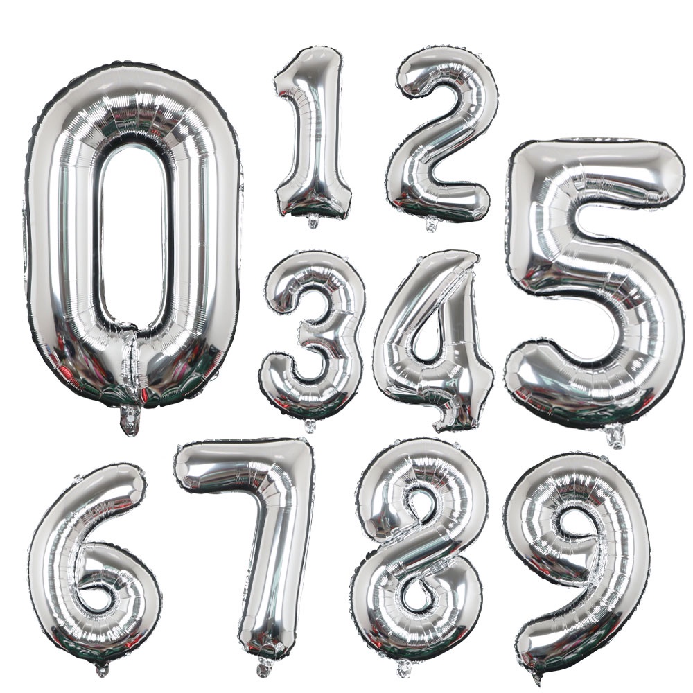 Kit 2 Uni De Balão de Hélio Metalizado Decorativo Números de 0-9 Tamanho 16 Pol Prata 40CM