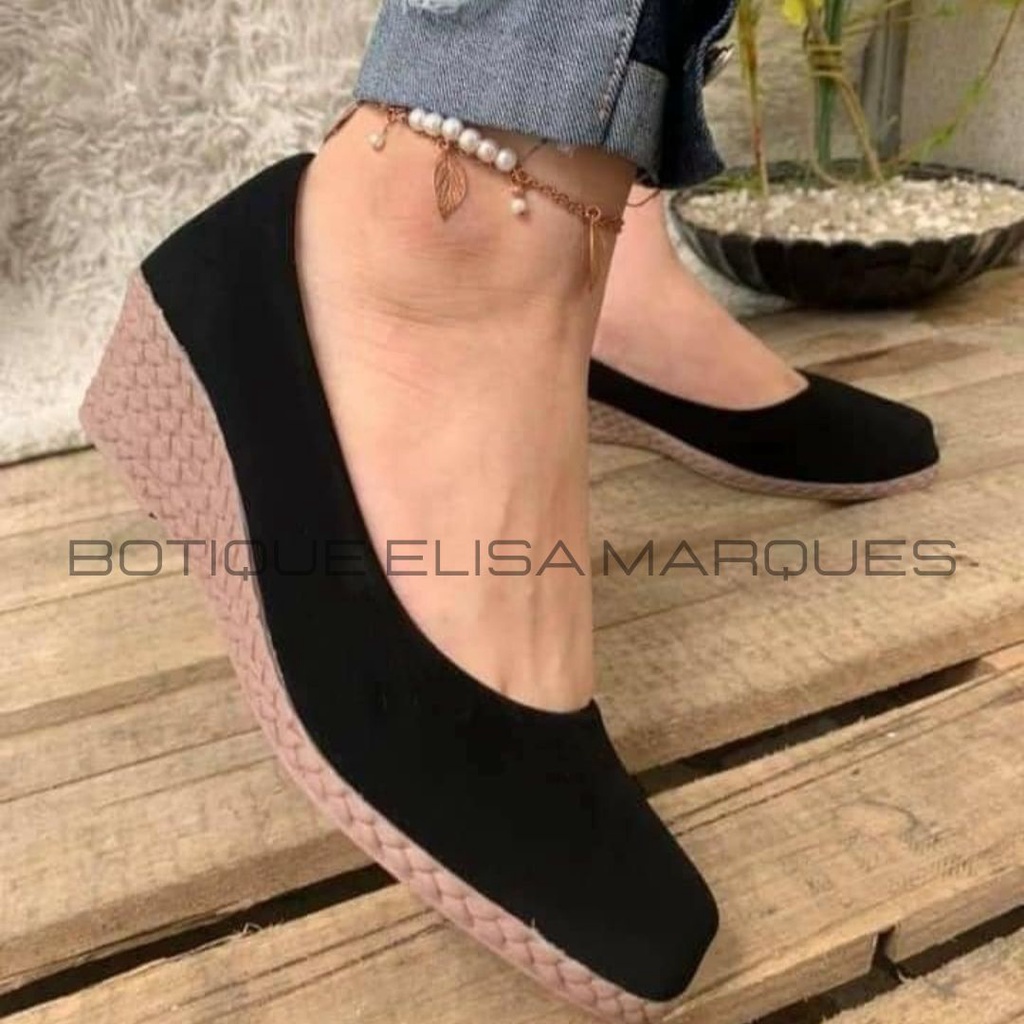 Sandália Sapato Feminino Espadrile Scarpin Salto Anabela Macio Leve Confortável Casual Preto