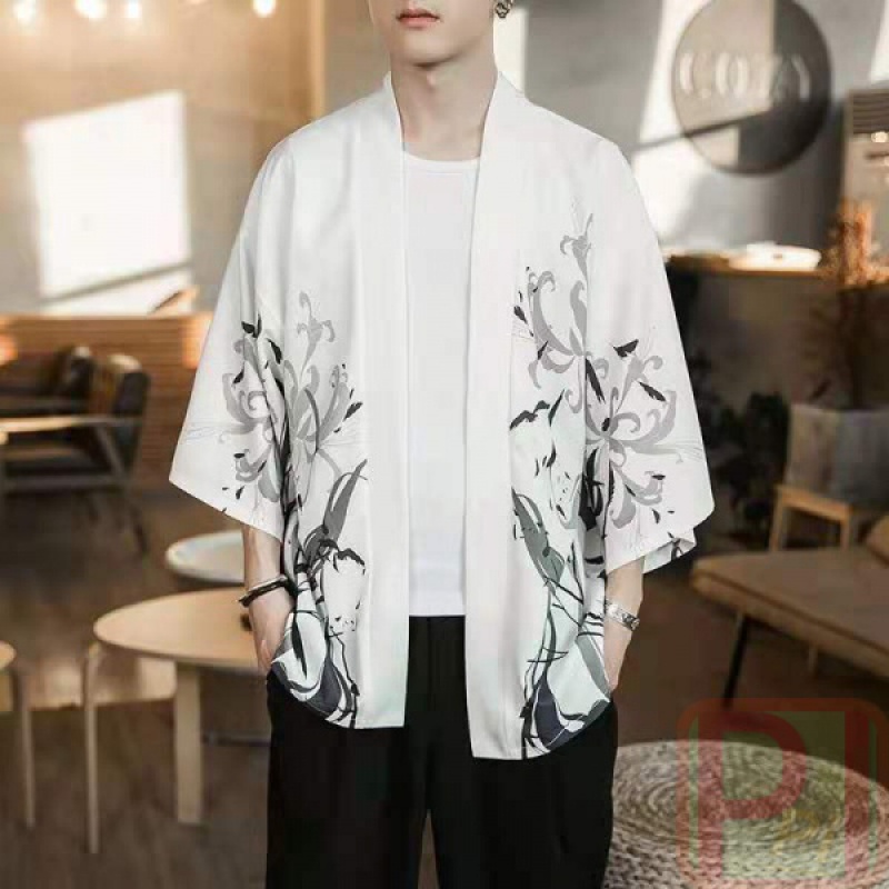 Kimono Casual Haori For Men Japonês Moda Masculina Kimonos Samurai Guindaste Impresso Camisa