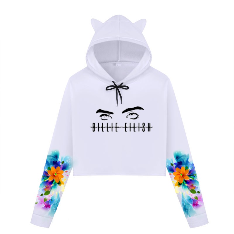 Blusa Cropped de Moletom Manga Flores Azul e Laranja Billie Elish Olhos A396
