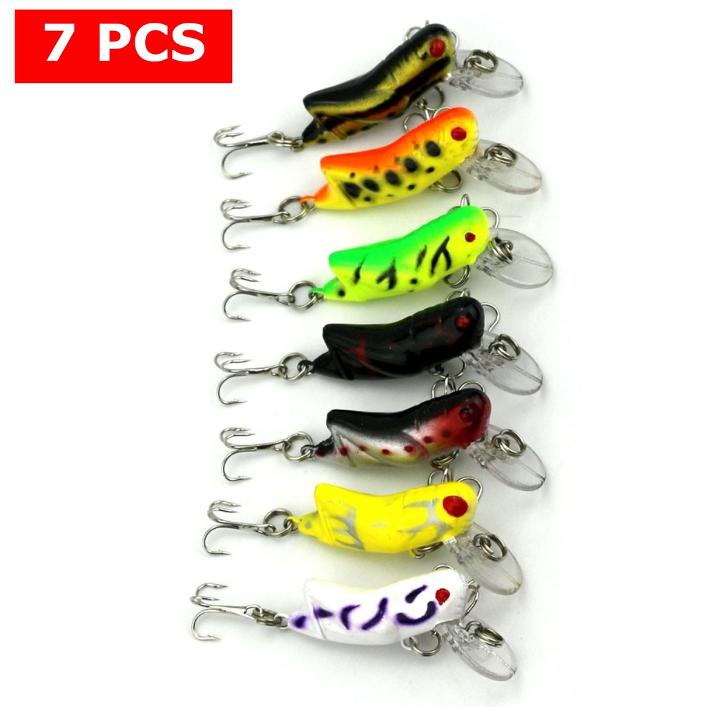 Kit 07 Iscas Artificiais Importadas 1/2 Meia Água Gafanhoto Grilo Cigarra de 4,5 cms e 4 gramas Pesca Tucunaré Traíra Dourado Robalo Black Bass