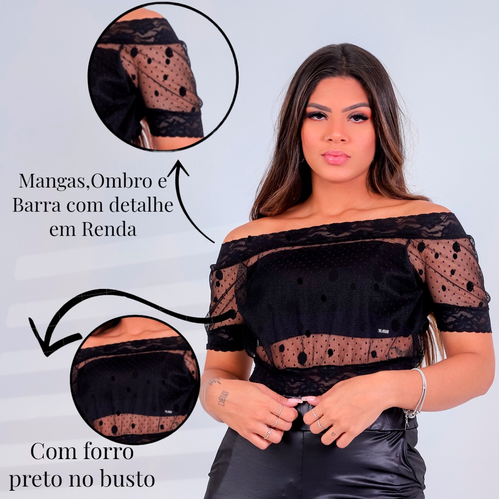 Cropped Tule Ombro A Ombro Blusinha Ciganinha Renda Manga Curta