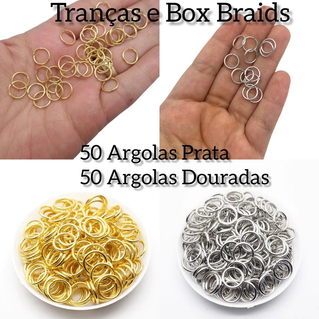 100 Argolinhas Para Tranças Box Braids Argola de Alumínio Prataeada e Dourada