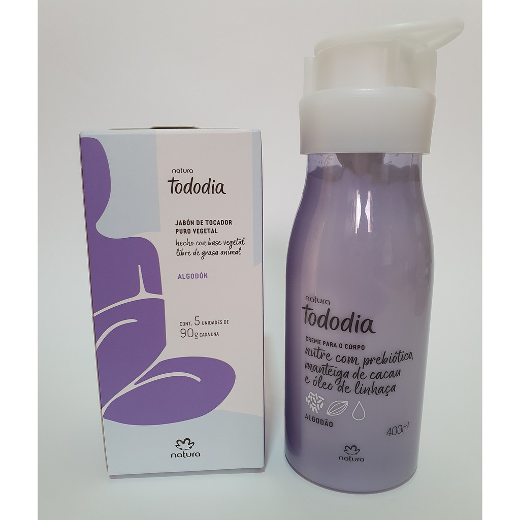 KIT NATURA CREME HIDRATANTE CORPORAL TODODIA 400ML + CAIXA COM 5 SABONETES  TODO DIA ALGODÃO DE 90g CADA | Shopee Brasil