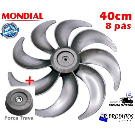 Hélice Mondial + Trava Ventilador 40cm  8 Pás EIXO Redondo 8mm PRATA