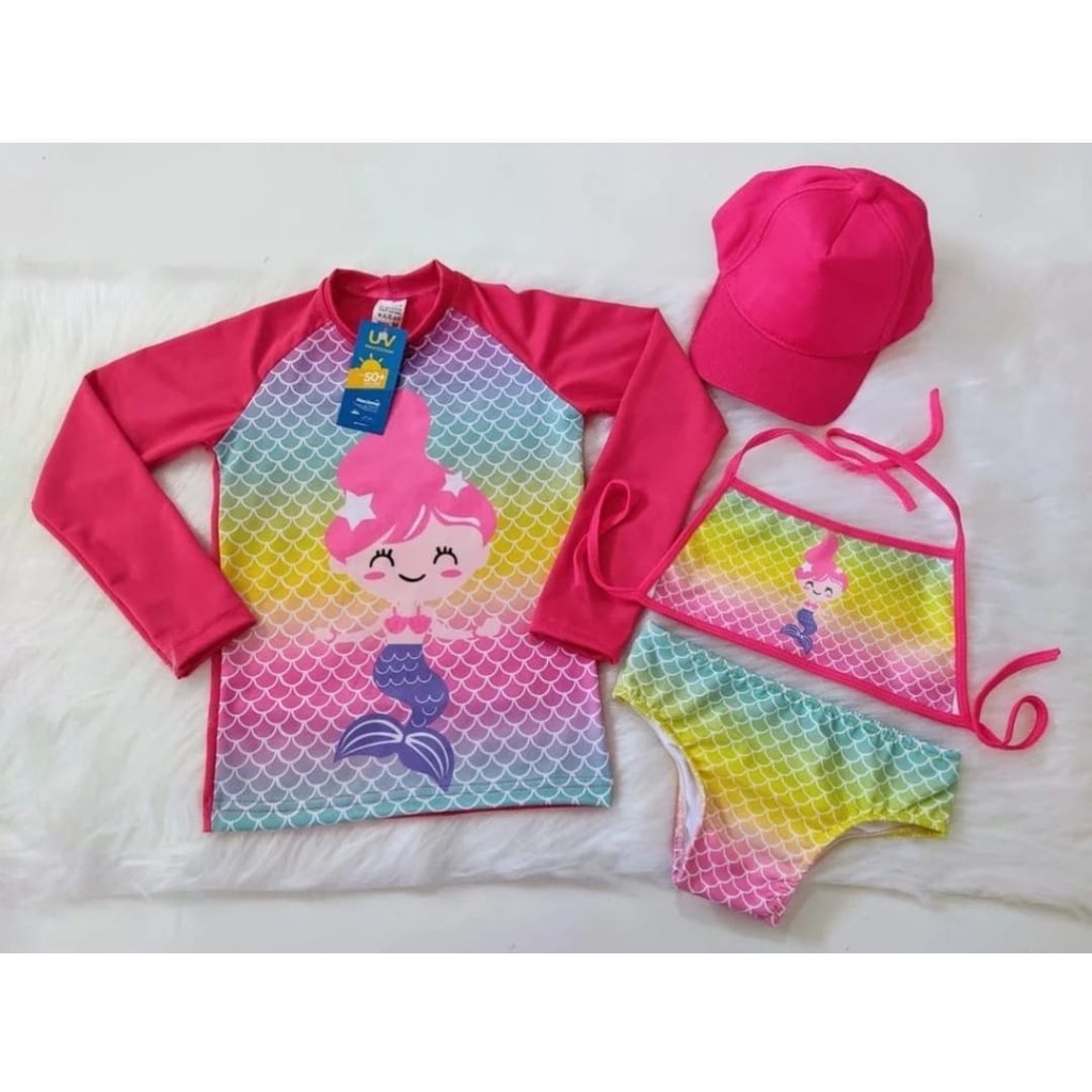 Kit Biquini Infantil Blusa com Proteção Solar Infantil Biquini Infantil Blusa Manga Longa + Boné