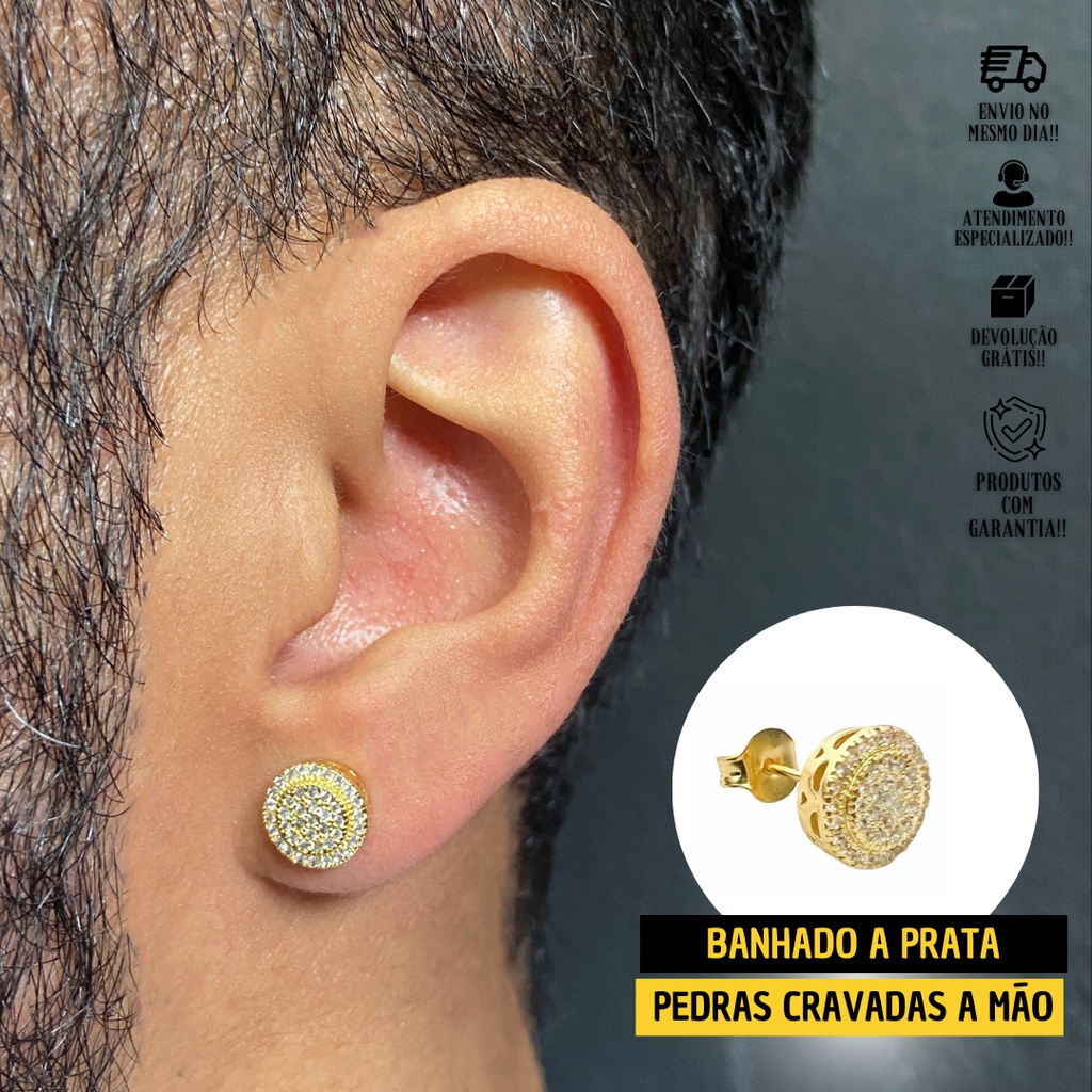 Brinco De Ouro Redondo Cravejado De Zircônia Com 40 pedras Masculino Unidade Banhado Ouro 24k