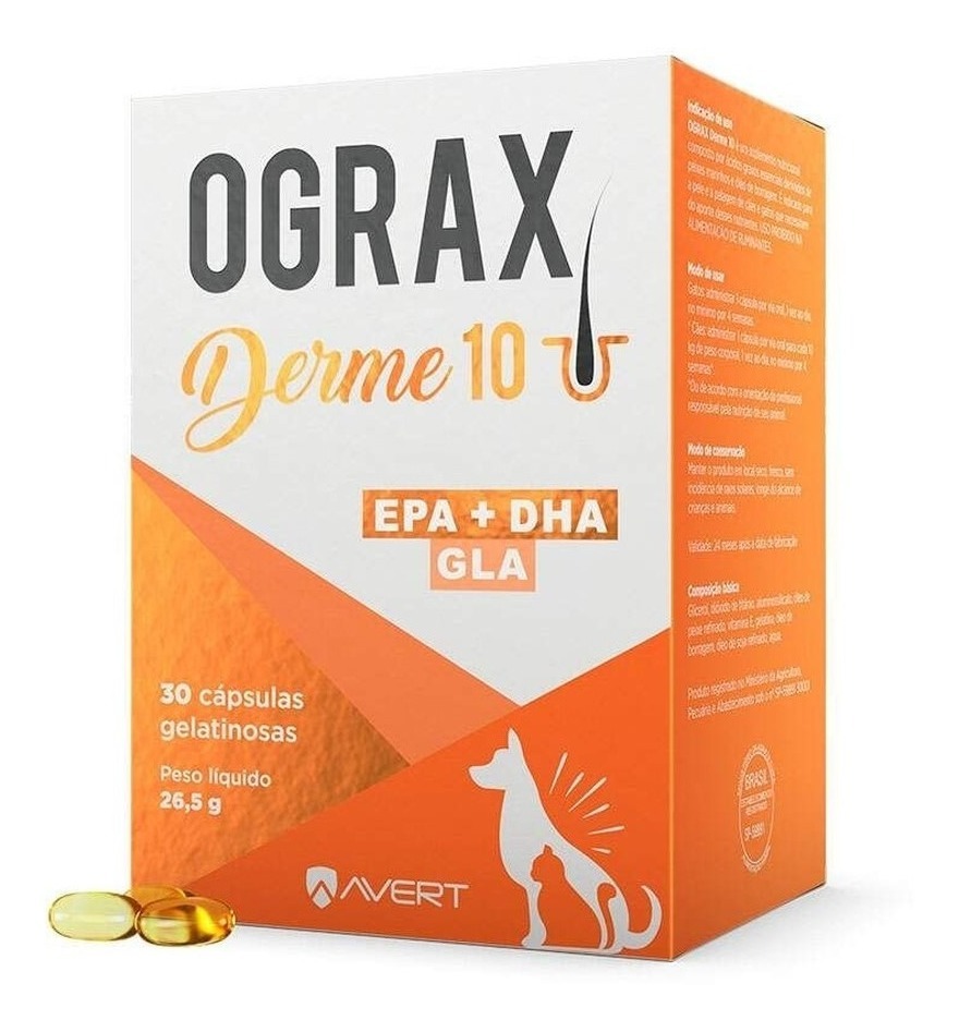 Ograx Derme 10 - 30 Cápsulas - Suplemento Alimentar P/ Cães e Gatos - Pets