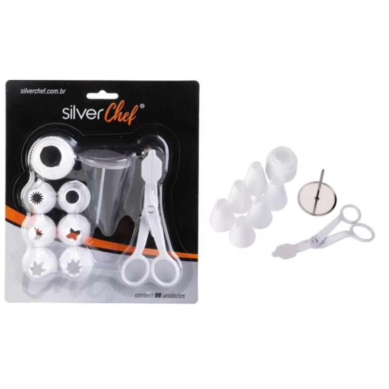 Kit Confeitaria 1Tesoura + 1Adaptador +6 Bicos Confeiteiro  1 Base Para Flor Artigos de Confeitaria Silver chef Ref:FT293
