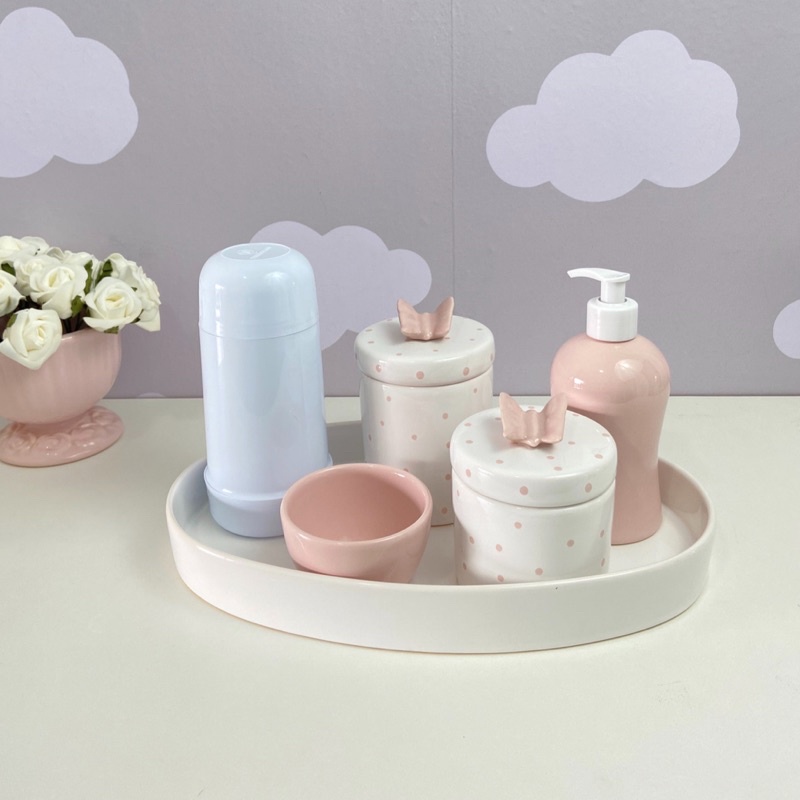 kit higiene bebê borboleta poá rosa garrafa térmica