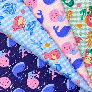 Tecido Tricoline Estampas Sereia e Baleia 50 cm x 1.50 metro - Patchwork / Artesanato 100% Algodão