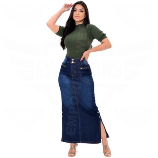 Saia Longa Jeans com elastano e abertura lateral - EWF - (Tam 36 ao 52) - Azul Escuro