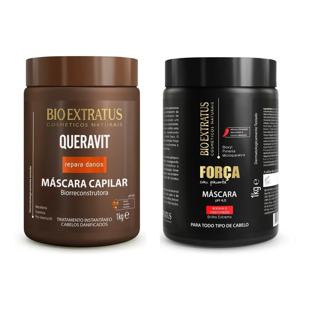 Kit Máscara Força Com Pimenta 1Kg Bio Extratus +Máscara Queravit 1kg Bio Extratus