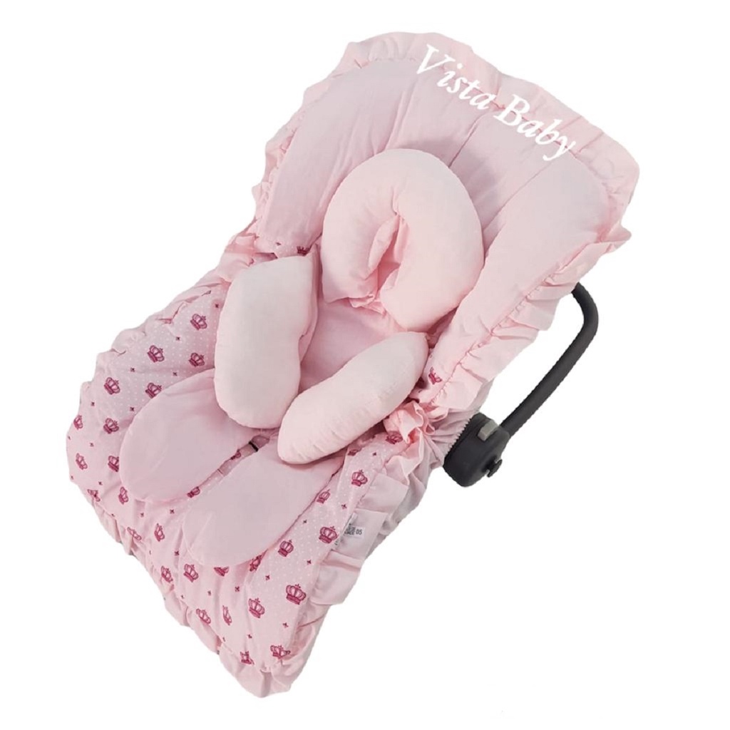 Capa para Bebê Conforto + Apoio Redutor Coroas Rosa