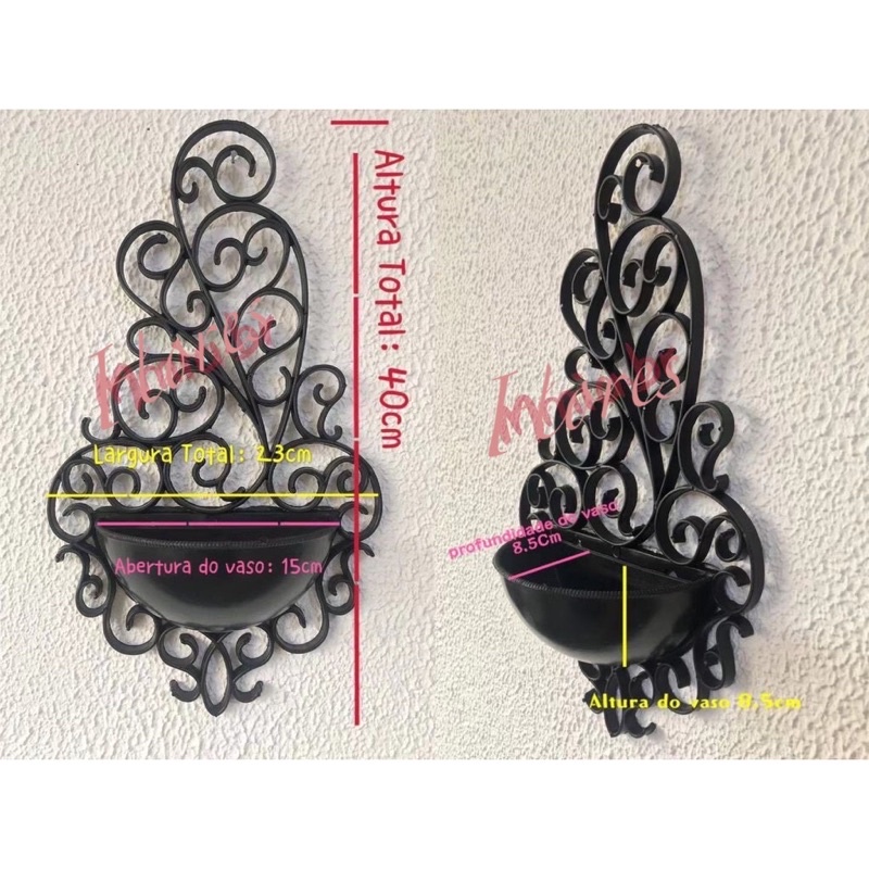 Kit com 2 Vaso Provençal Arandela de Parede Preto Decoração Planta jardim