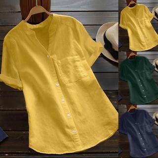 Sek Blusa / Camisa Feminina De Manga Curta De Botão De Linho E Algodão ~Bgk