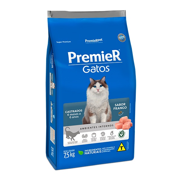 Ração Premier Ambientes Internos para Gatos Castrados de até 6 anos sabor Frango - 7,5Kg