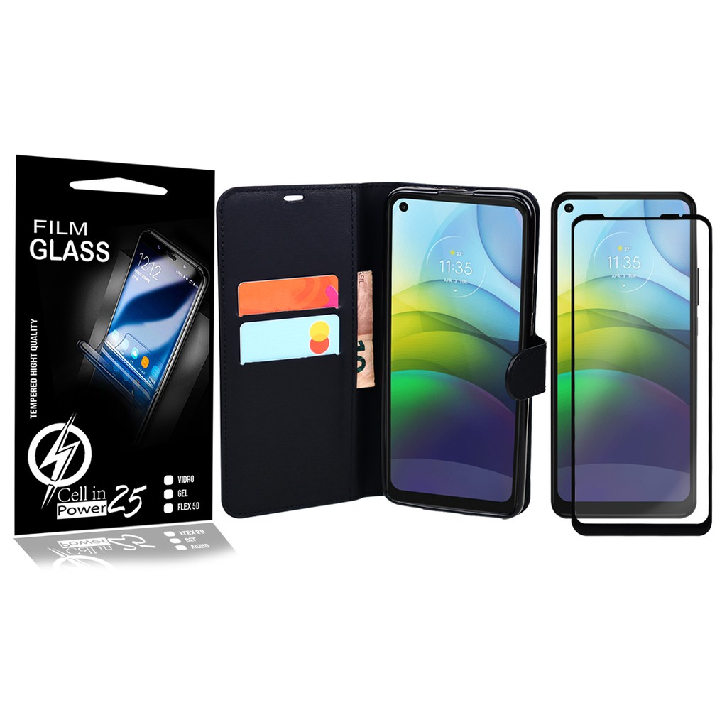 Capa Capinha Case Flip Carteira + Skin fibra de carbono + Vidro 3D  Moto G9 Power XT2091-4 (Tela 6.5)