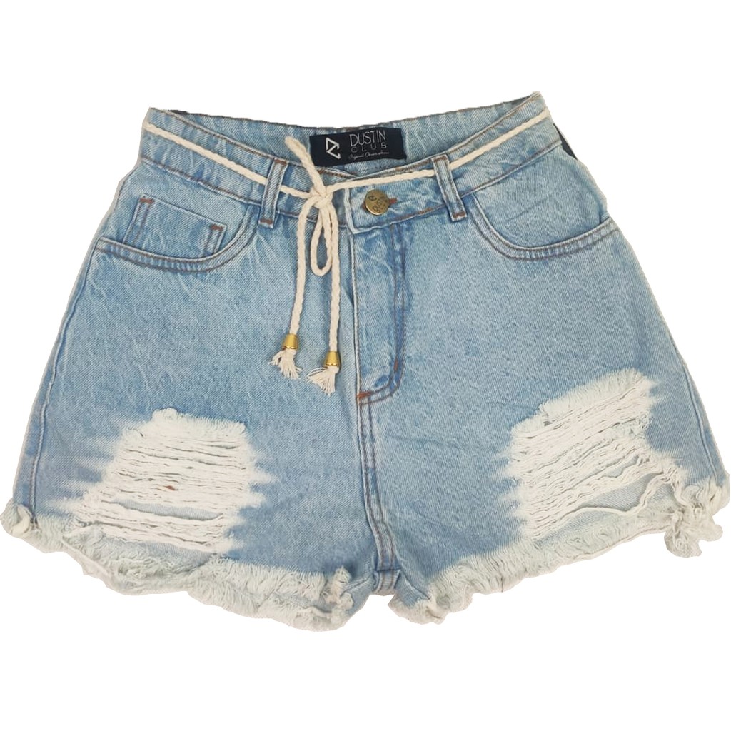Short Jeans Feminino Rasgado Destroyed Cordão Cintura Alta Azul Claro