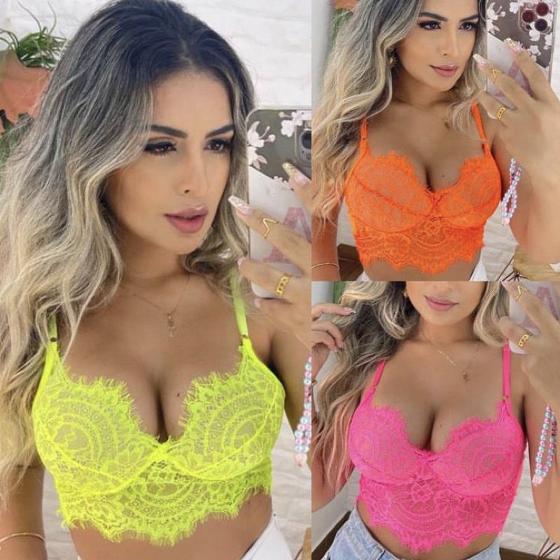 Cropped Feminino Renda Sexy Neon Top Blusa Modo Blogueira Rosa Laranja Amarelo Roxo