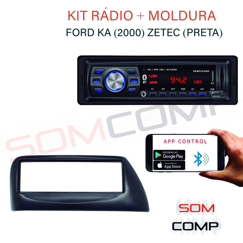 Frente Ford Ka (2000) ZETEC (PRETA) 1 DIN + Rádio MP3 DOORBEM