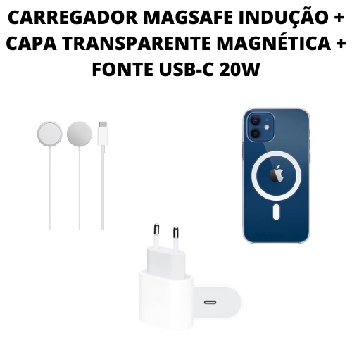 KIT CARREGADOR MAGSAFE INDUÇÃO + CAPA TRANSPARENTE MAGNÉTICA + FONTE USB-C 20W