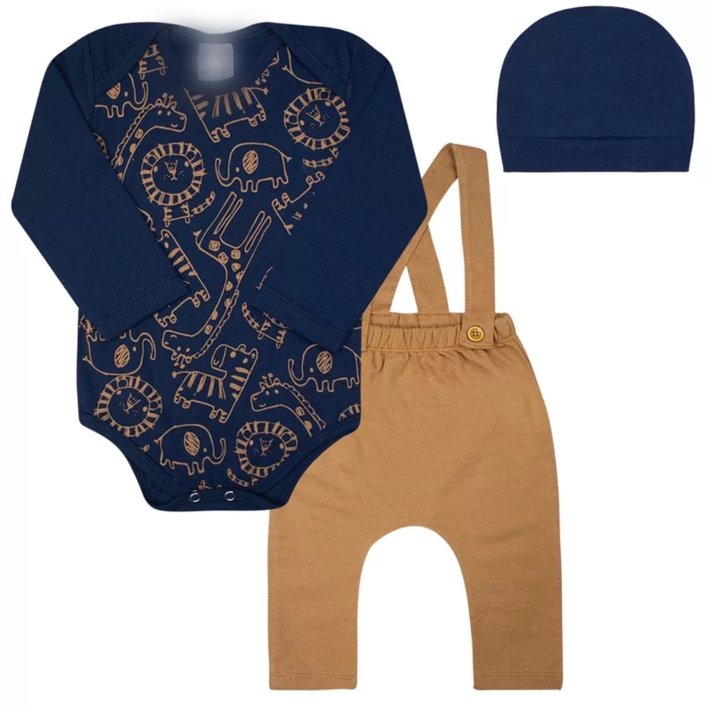 CONJUNTO TRIO BODY BEBE SUSPENSÓRIO MARINHO