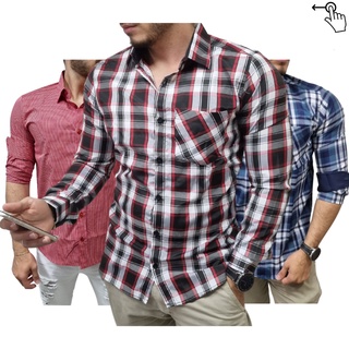 Kit 3 Camisa Social Xadrez Manga Longa Slim Fit