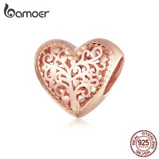 Bamoer Rose Gold Oco Design Esculpido Da Forma Do Coração Da Vida Da Árvore Charme Prata Esterlina 925