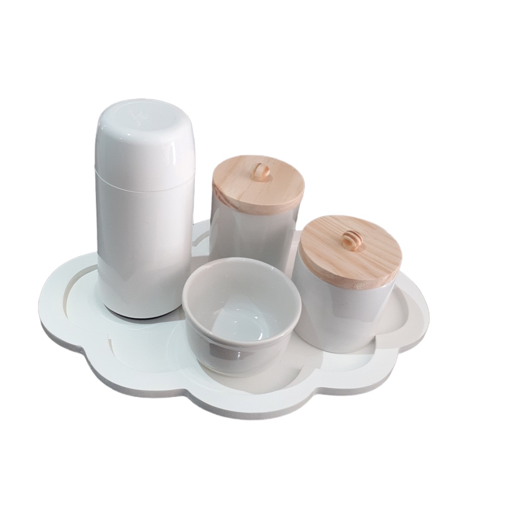 Kit Higiene Bebê Porcelana Branca Potes com Tampa Bandeja Nuvem branca 5 peças maternidade...