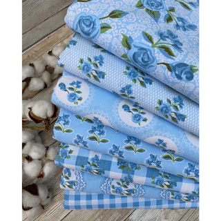 Tecido Tricoline 100% algodão - paninhos 50x75 ou 25x150 ou 50x150 - Jardim das Rosas Azul Fabricart