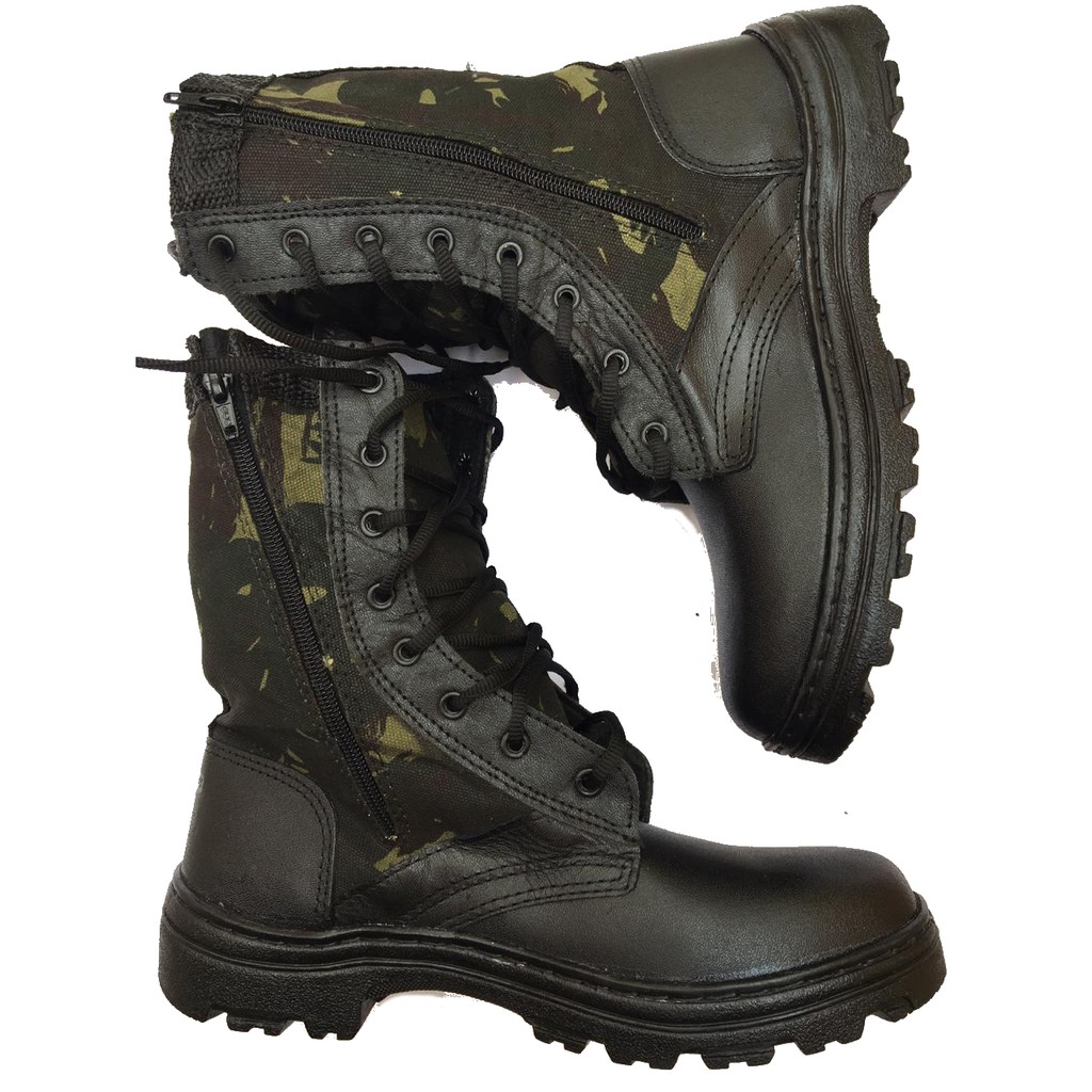 Coturno Camuflado Zíper Lateral Bota Camuflada Lona Couro Militar Selva Exército