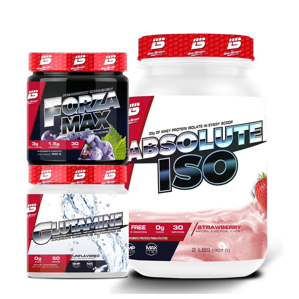 Kit Whey Isolado Absolute Iso 900g Pré Treino Forza Glutamina 300g