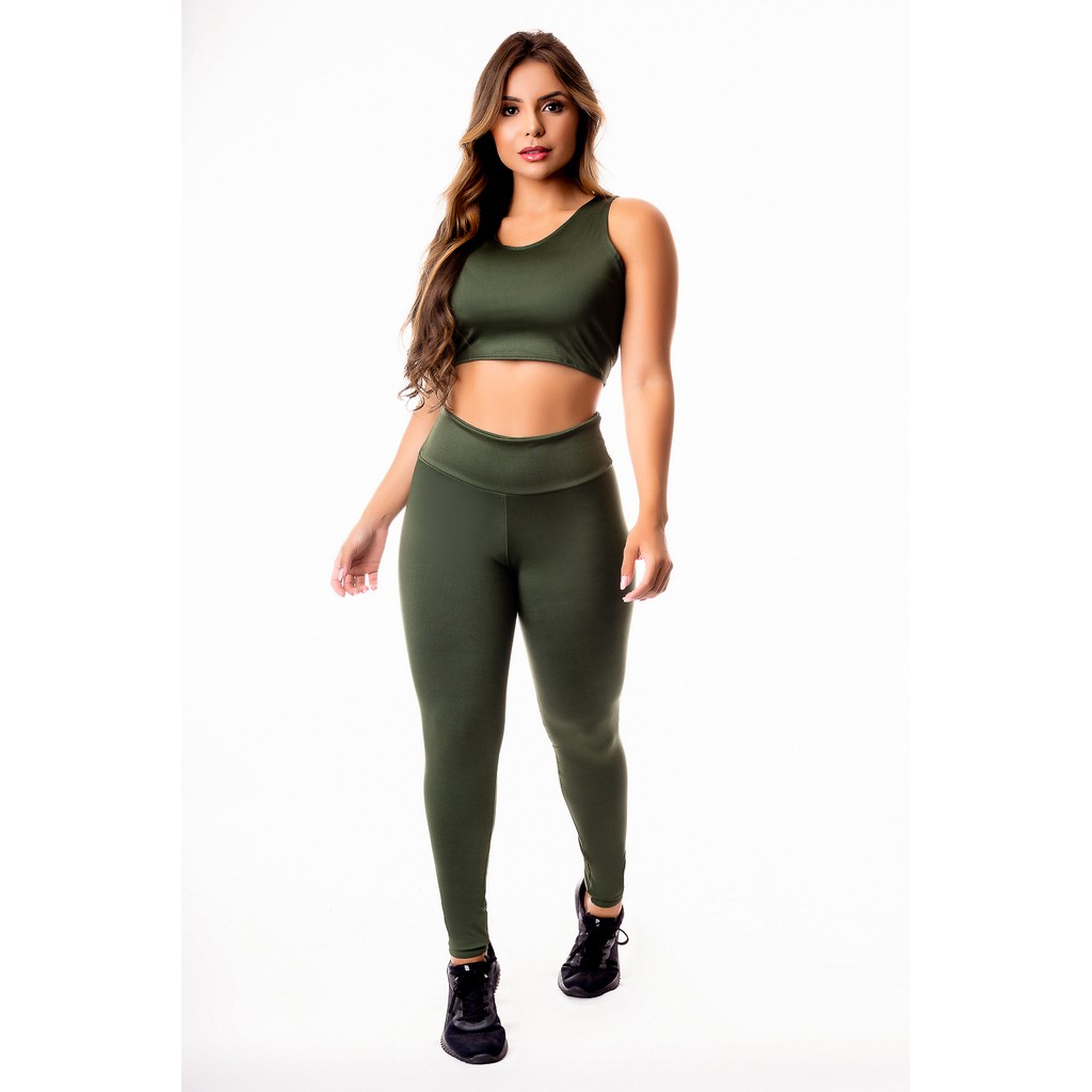 Conjunto Fitness Academia Calça Legging Cintura Alta e Cropped Top Sem Transparência Verde