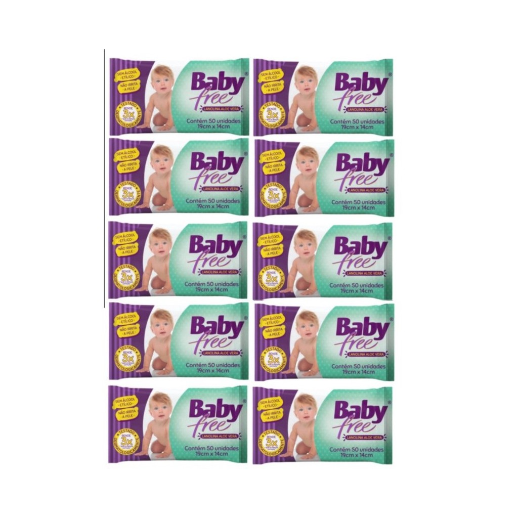 Baby Free Kit com 10 Lenços Umedecidos Qualybless 10 Pacotes com 50 unidades (Total: 500 lenços)