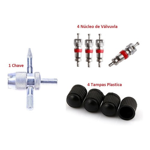 1 Chave De Válvula Schrader Pneu+4 Tampas+ 4 Núcleo Válvula