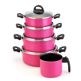 Conjunto de Panelas Caçarolas Antiaderente com tampa de vidro 16 a 22 com Fervedor 14 Rosa