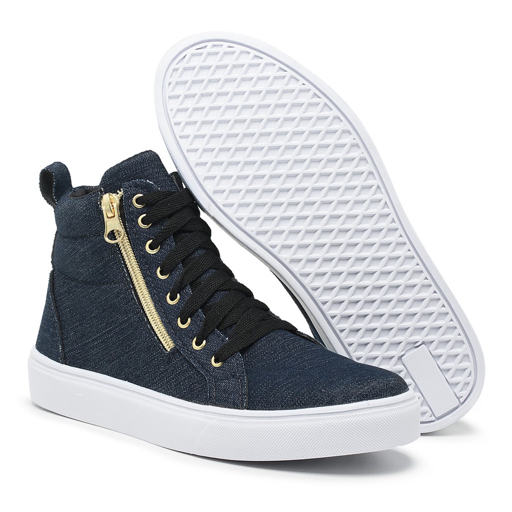 Bota Tênis feminino Cano Alto zíper Botinha Fitness - Jeans