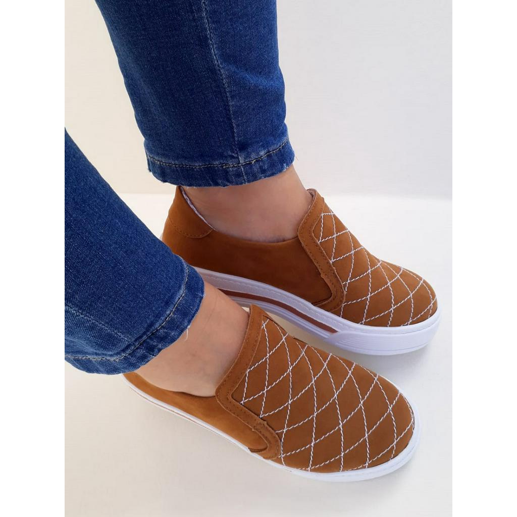 Tênis Feminino Slip On Iate Casual Sapatênis Flatform Listra Caramelo Calce Fácil Leve